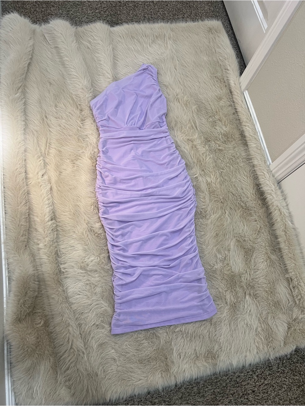 Ruched One-Shoulder Lavender Midi Dress